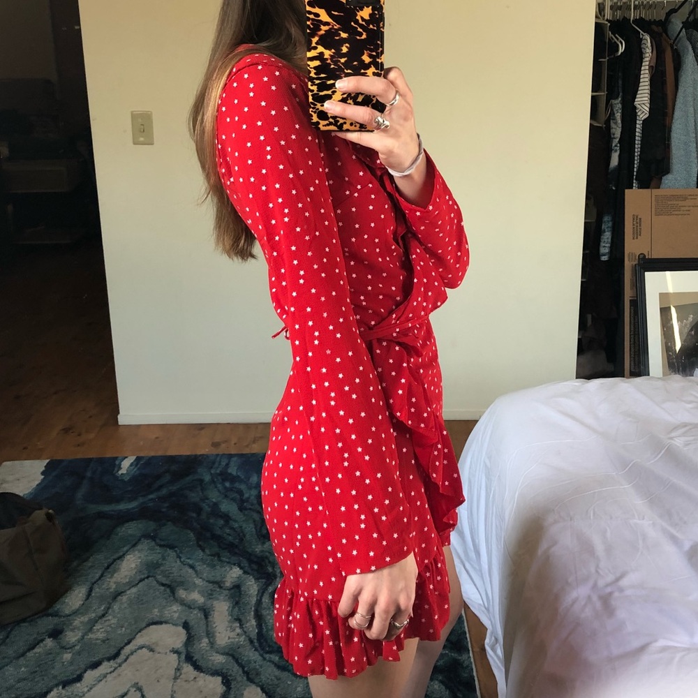 1 LEFT • Red Star Print Wrap Dress - Picture 3 of 4